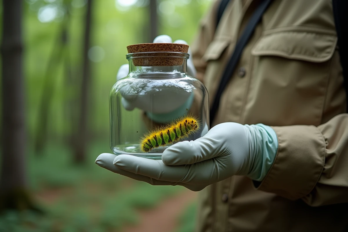 Naturaliste tenant un bocal en verre contenant une chenille urticante jaune et verte lors d'une session de recherche en forêt