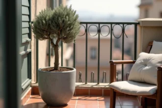 Olivier taillé en nuage dans un pot en céramique sur un petit balcon urbain avec rambarde en fer forgé