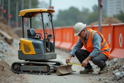 Ouvrier en vestiaire réfléchissant à côté d'une mini pelle sur un chantier urbain