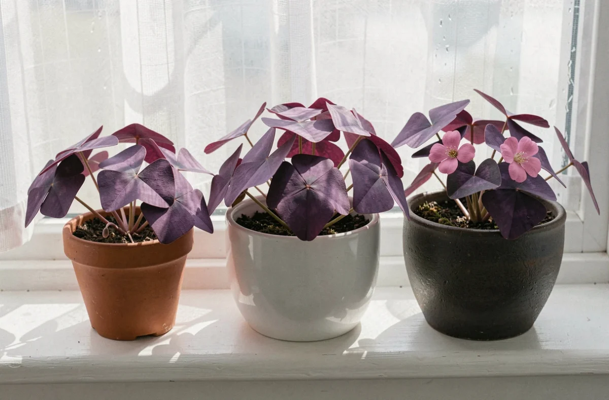 Plusieurs plants d'oxalis triangularis violets en fleurs alignés sur un rebord de fenêtre avec des pots variés