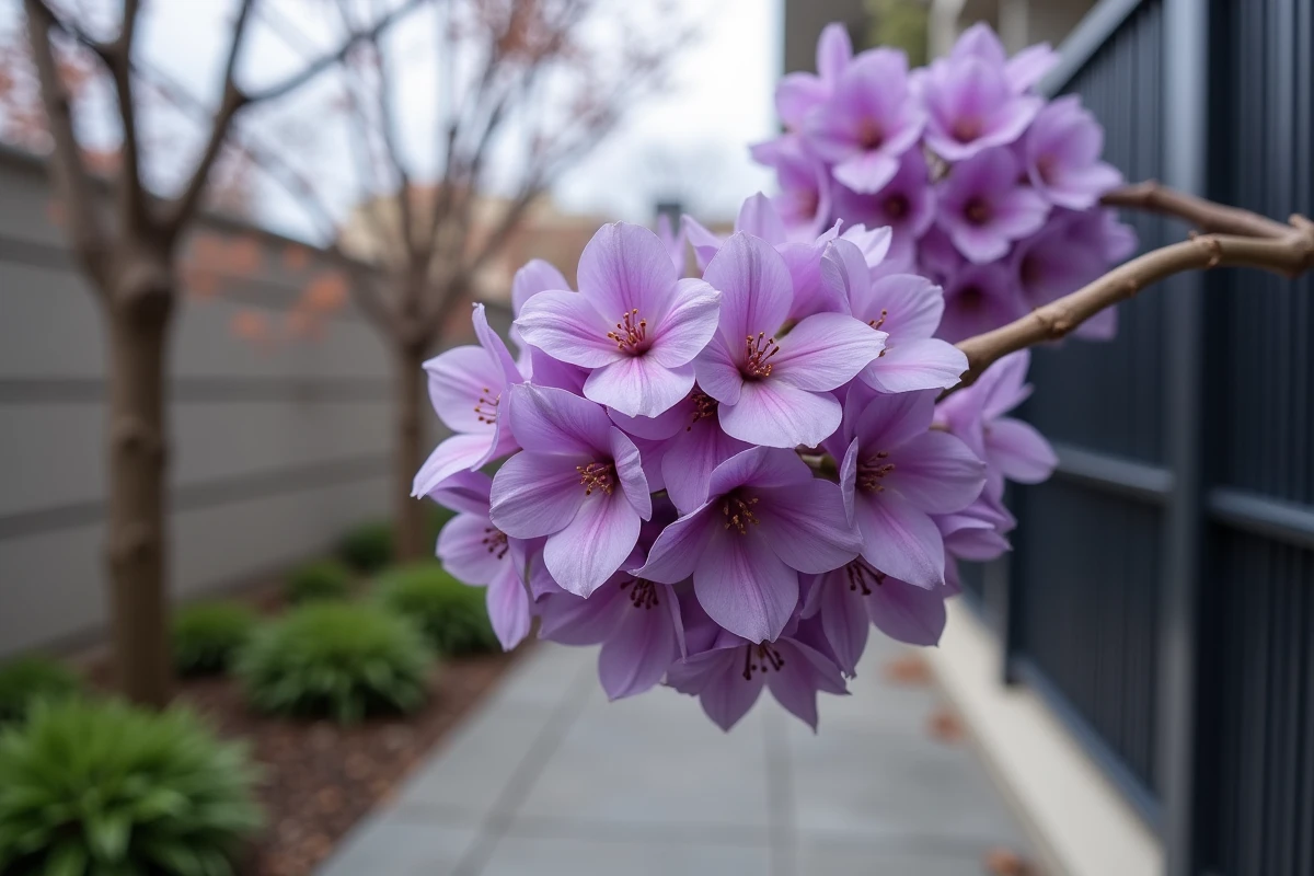 Gros plan sur les fleurs violettes en cloche d'un paulownia au printemps dans un jardin moderne