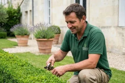 Paysagiste professionnel inspectant une haie de buis taillée avec soin dans un jardin résidentiel à Bordeaux