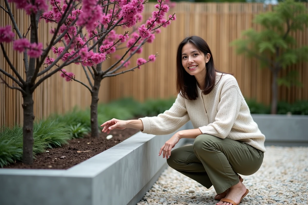 Paysagiste plantant un cercis à fleurs violettes dans un jardin contemporain avec bacs en béton