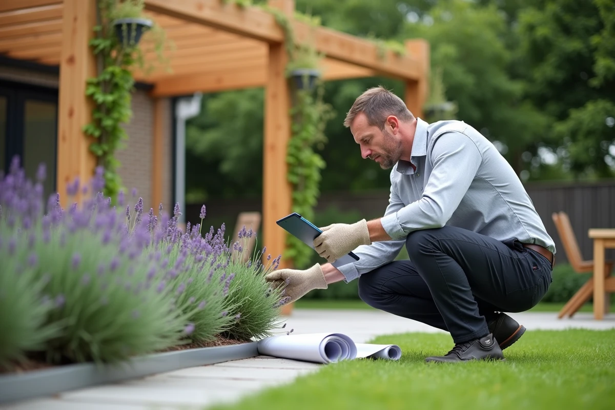 Paysagiste professionnel installant des plantations ornementales dans un jardin contemporain aménagé