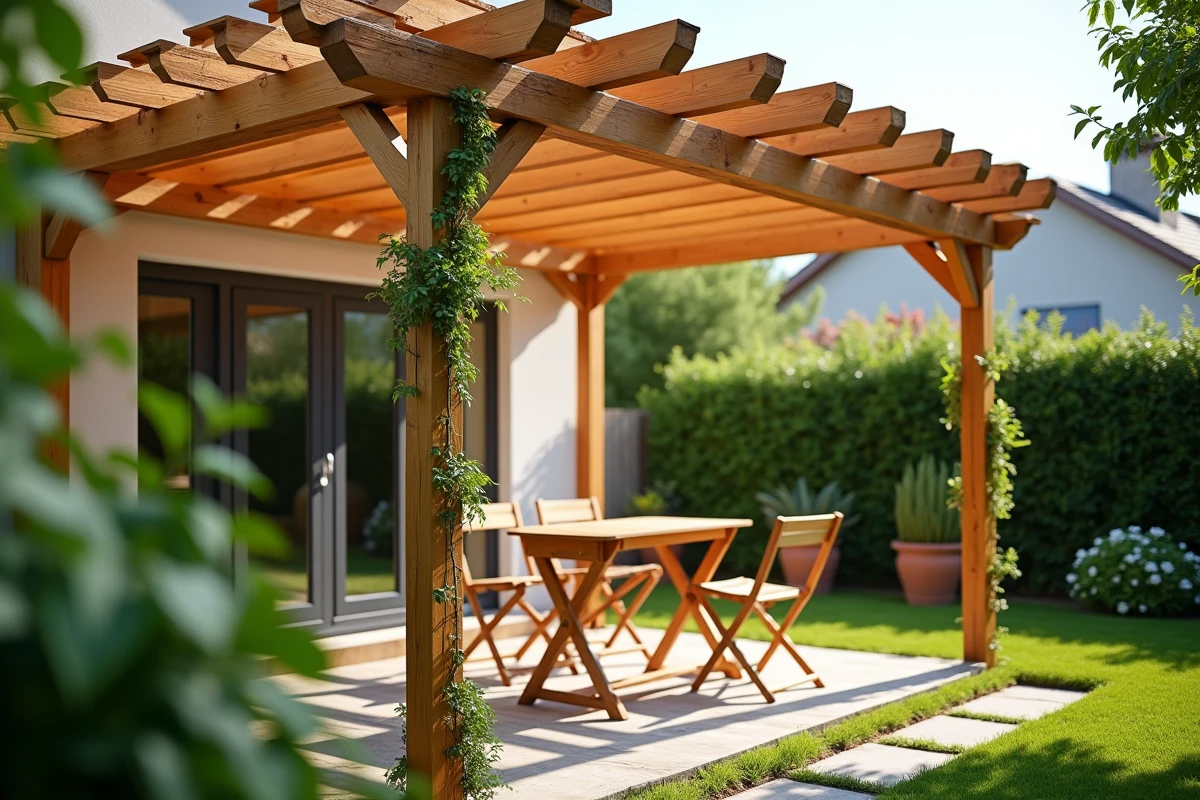 Pergola en bois finalisée dans un jardin résidentiel avec table en bois et plantes grimpantes, résultat d'une construction DIY réussie