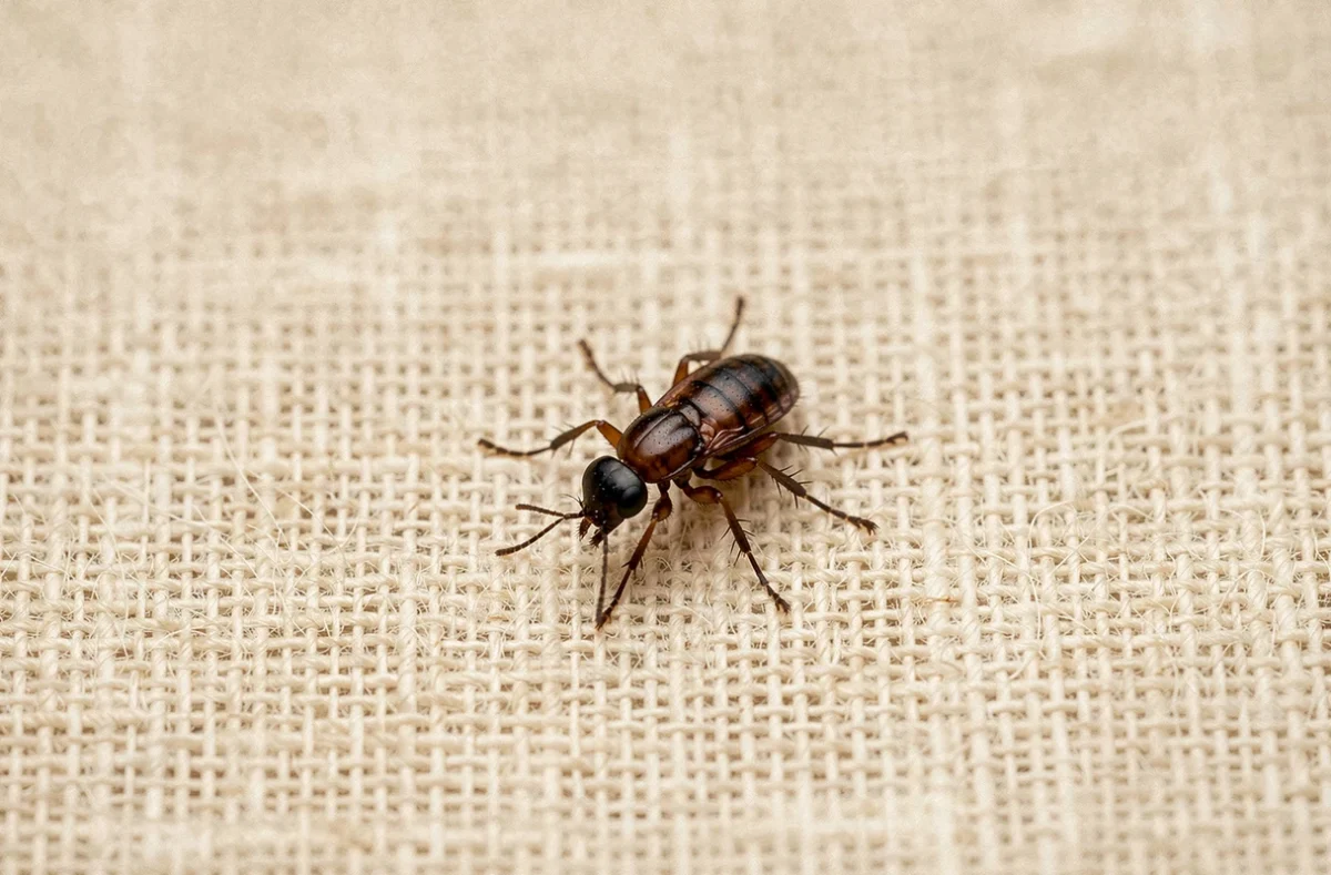 Macro photo réaliste d'une petite puce noire sautant sur un tissu en lin beige, détails microscopiques visibles