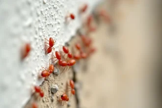 Gros plan de petites bestioles rouges sur un mur blanc extérieur