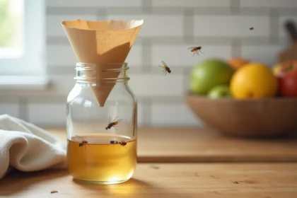 Piège à moucherons maison fait d'un bocal en verre avec entonnoir en papier et vinaigre de cidre posé sur un plan de travail en bois dans une cuisine