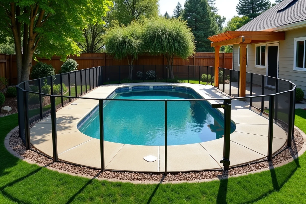 Vue aérienne d'une piscine coque ovale avec clôture de sécurité et portillon dans un jardin résidentiel aménagé respectant les distances réglementaires