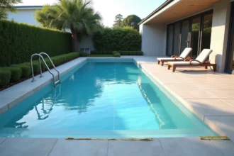 Piscine coque installée à proximité d'une maison moderne avec distance de sécurité mesurée sur la terrasse en carrelage gris
