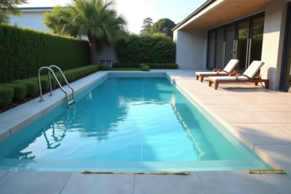 Piscine coque installée à proximité d'une maison moderne avec distance de sécurité mesurée sur la terrasse en carrelage gris