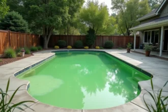 Piscine résidentielle avec eau verte trouble causée par une prolifération d'algues malgré un traitement au chlore choc