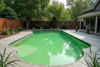 Piscine résidentielle avec eau verte trouble causée par une prolifération d'algues malgré un traitement au chlore choc