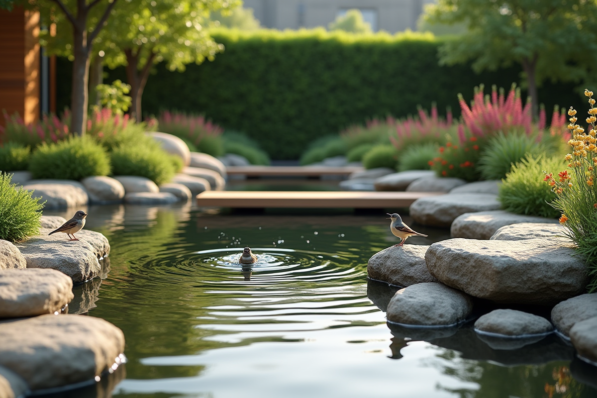 Étang moderne avec oiseaux et plantes dans un jardin urbain