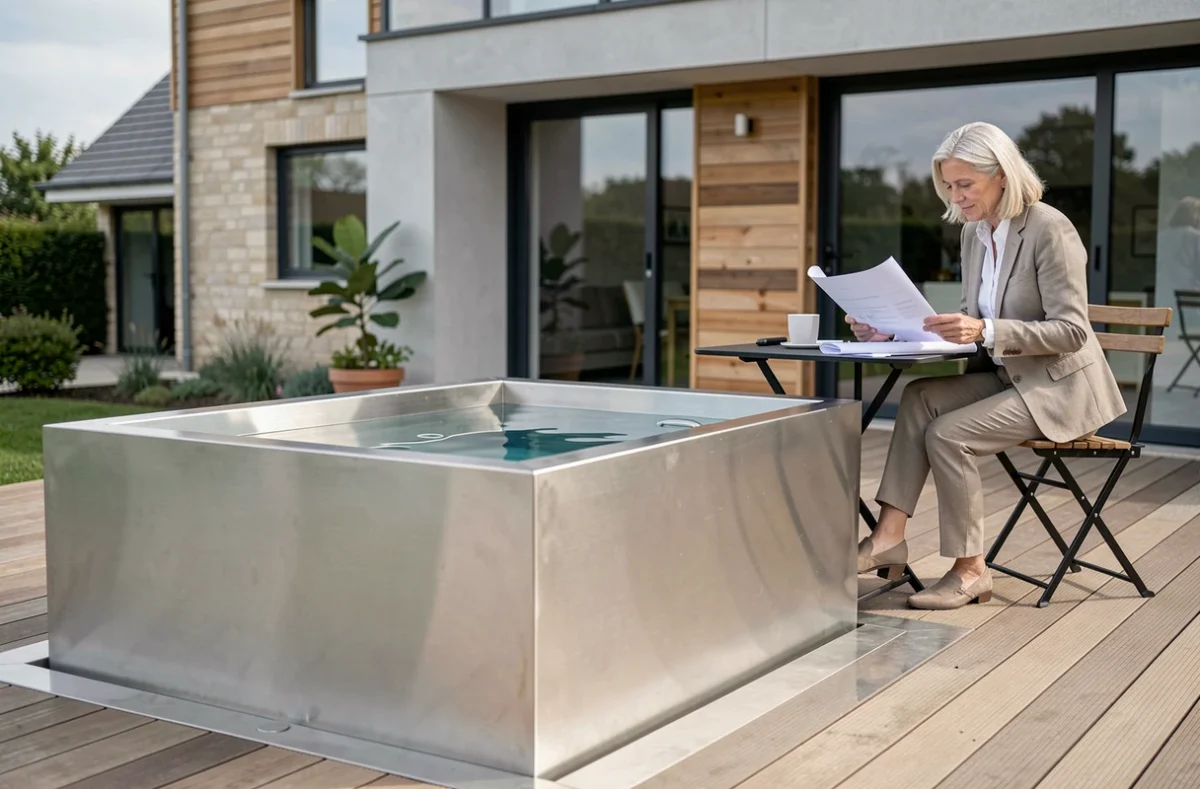 Piscine Piscinelle en acier inoxydable intégrée dans une terrasse contemporaine du Nord avec une architecte consultant des plans