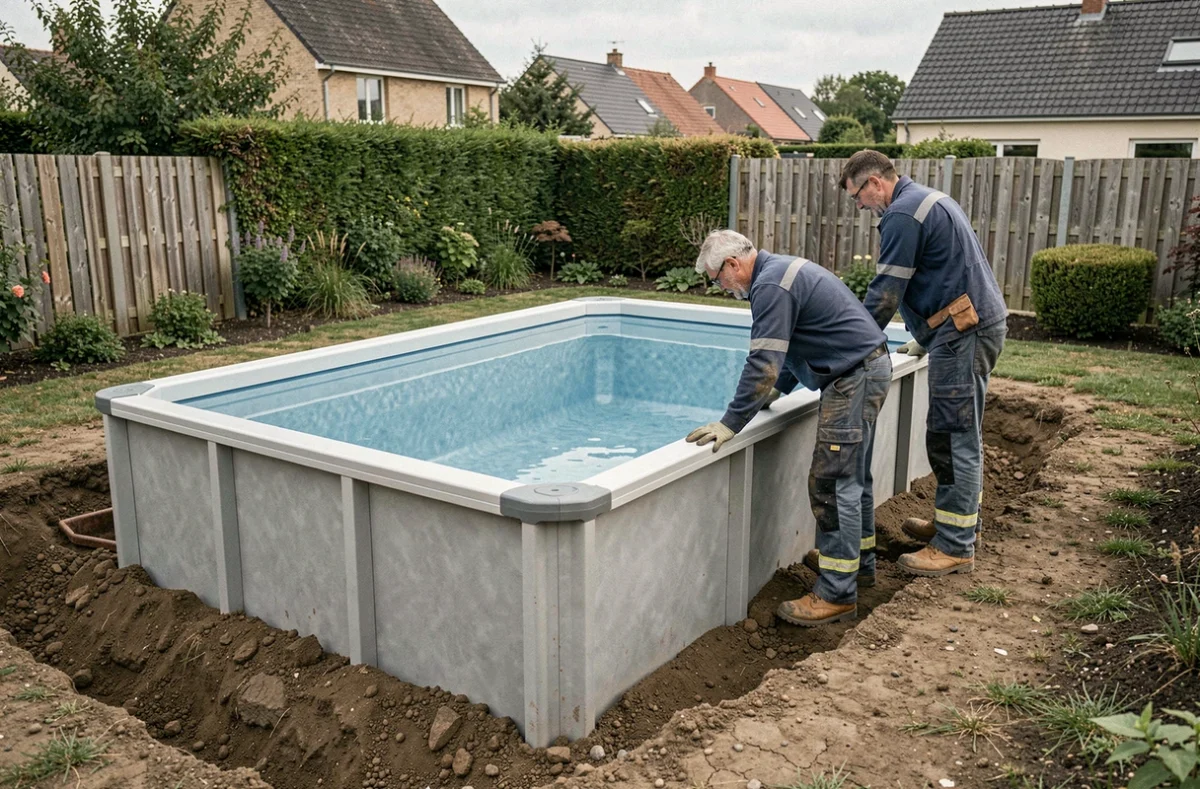 Installation d'une piscine modulaire Desjoyaux dans un jardin du Nord avec deux techniciens en tenue de travail