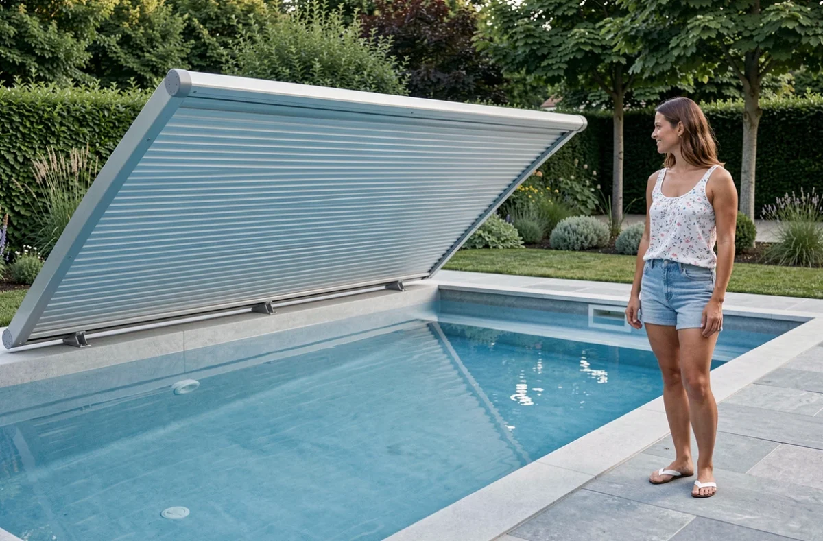 Piscine Magiline avec couverture automatique à lamelles dans un jardin moderne du Nord avec une propriétaire