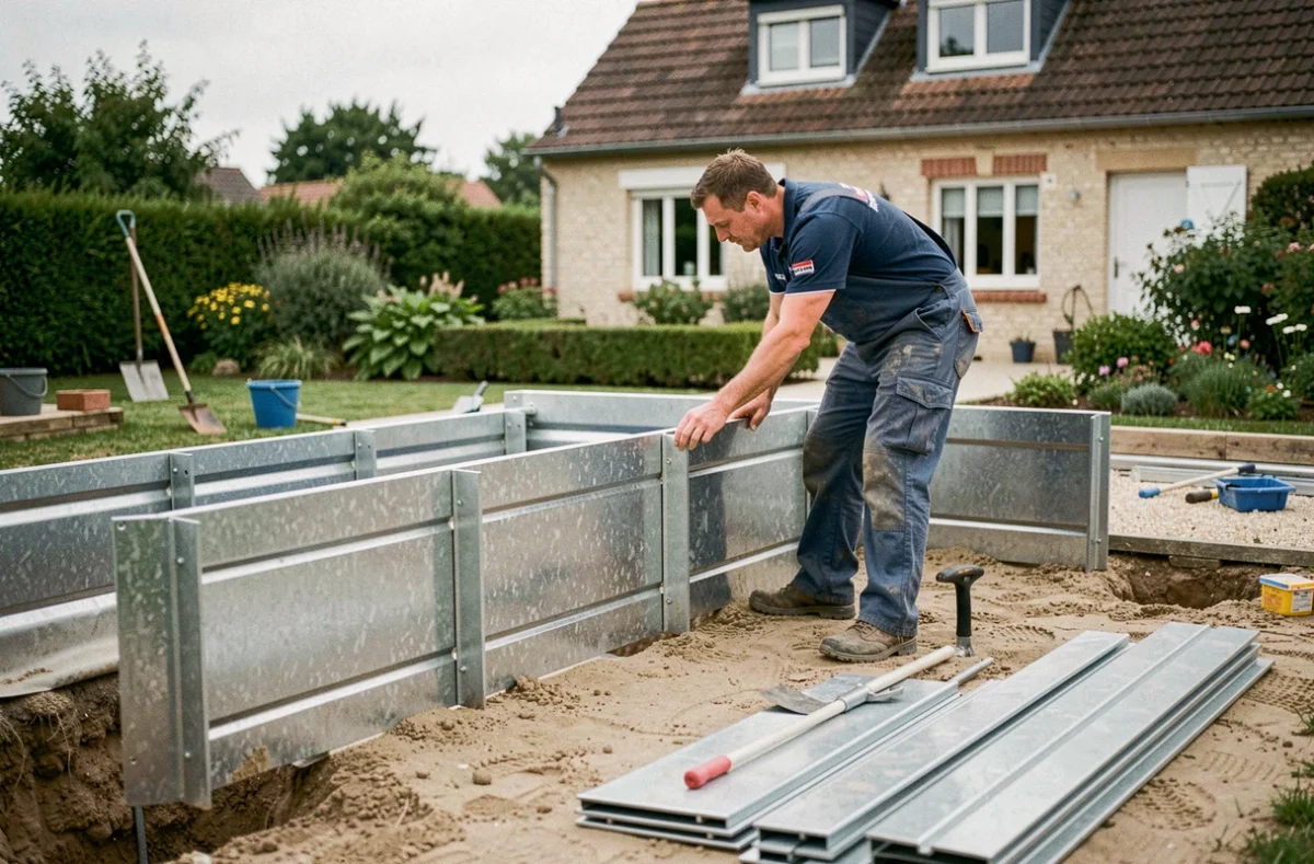 Construction d'une piscine Waterair en panneaux acier dans un jardin du Nord avec un installateur en combinaison de travail