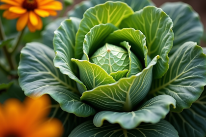 Plant de chou sain dans un jardin ensoleille avec plantes compagnes