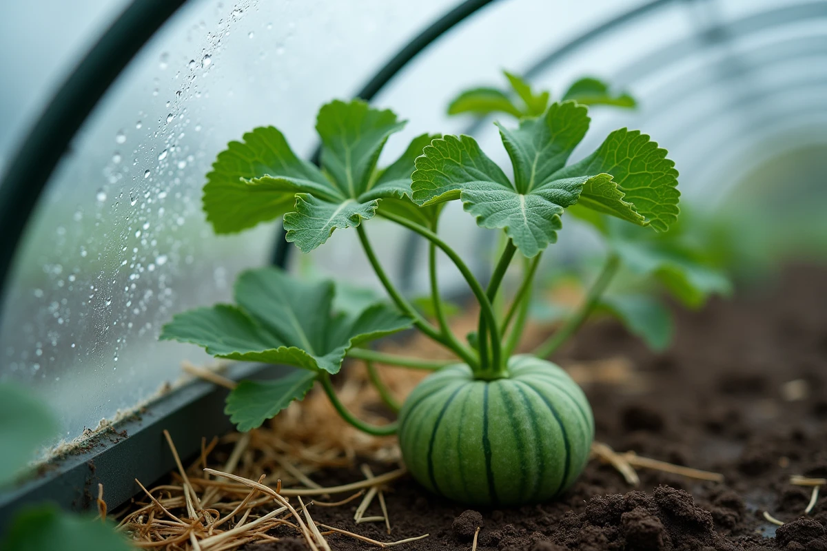 Plant de melon sous tunnel cloche en polycarbonate avec condensation dans un jardin potager frais