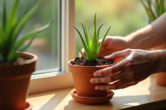 Mains plantant une aloe vera dans un pot en terre cuite