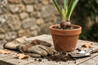 Plantation d'un bulbe d'agapanthe dans un pot en terre cuite sur un établi de jardin rustique avec des outils de jardinage