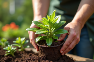 Jardinier plantant un laurier oleander en pot en plein air