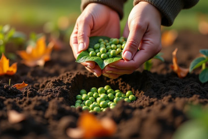 Mains plantant des graines de pois dans un sol riche en automne