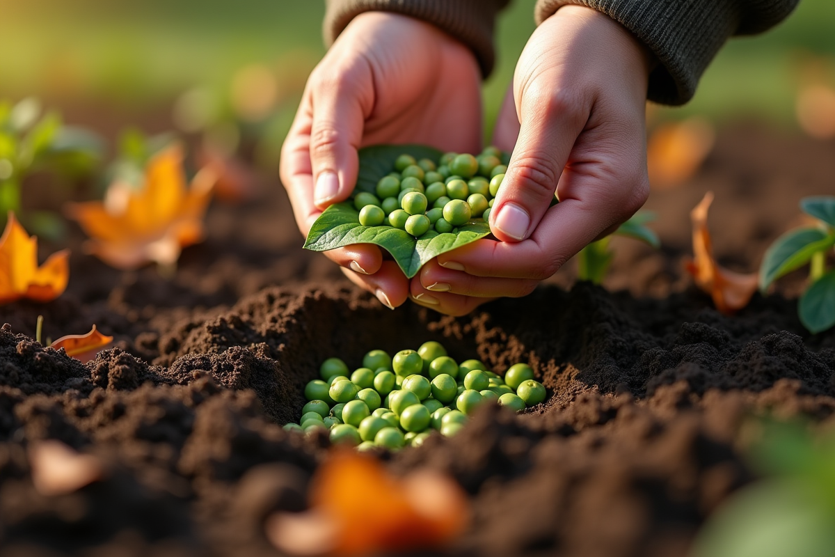 Mains plantant des graines de pois dans un sol riche en automne