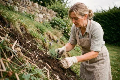 Femme plantant de la lavande sur un talus en pente dans un jardin rural français, avec des plantes mellifères locales