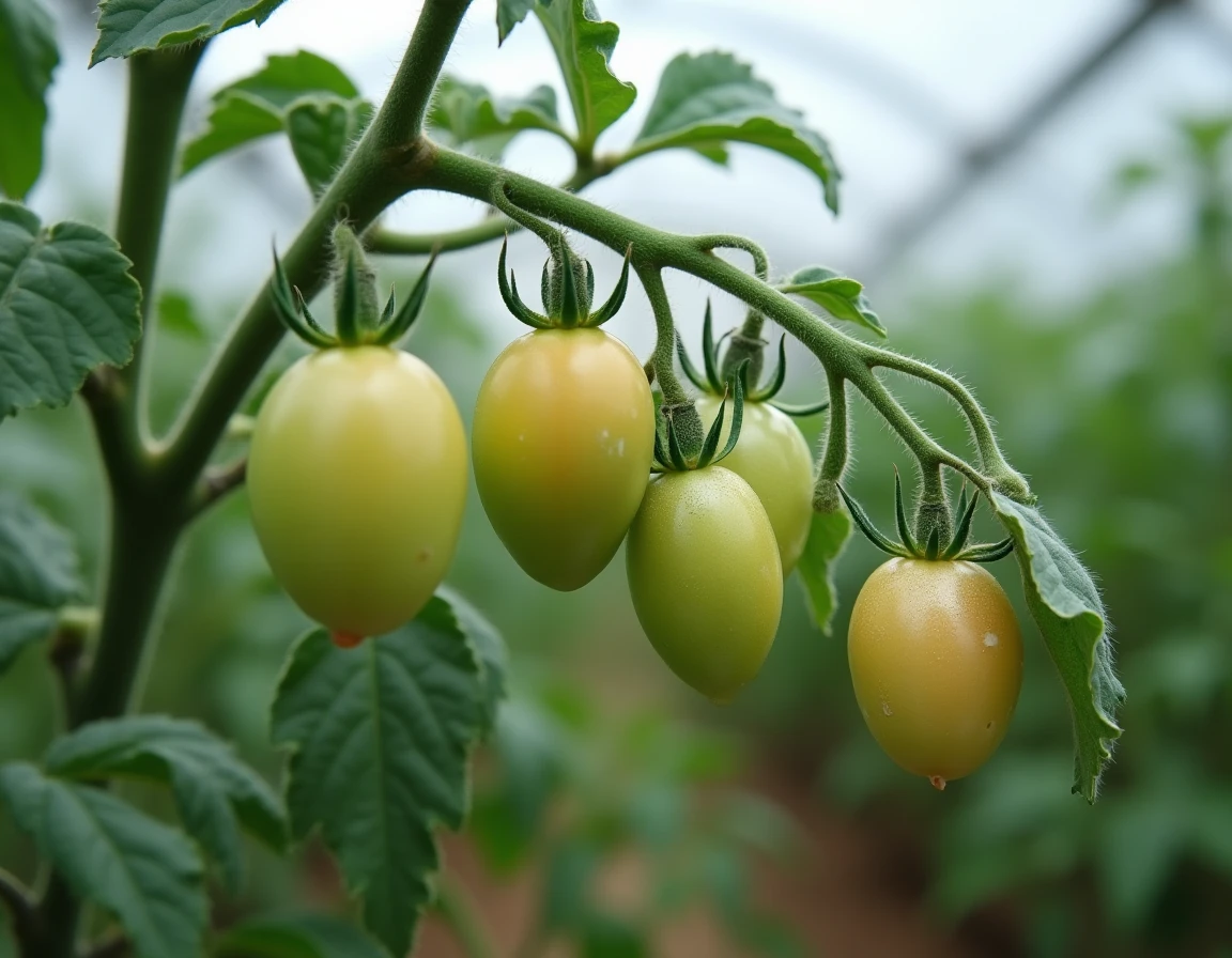 Plants de tomates en serre avec feuilles présentant chlorose et taches blanches à différents stades d'évolution