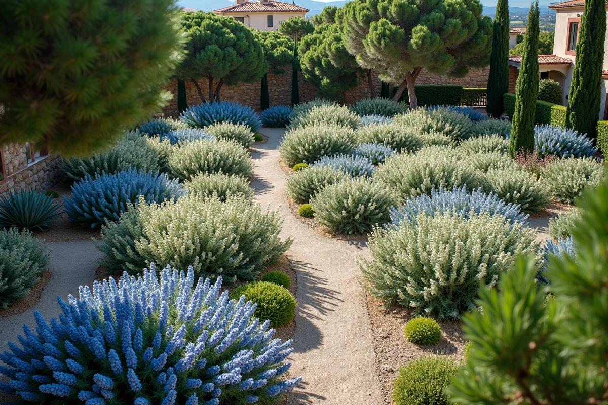 Vaste lit de plantes méditerranéennes avec waxflower et lavande