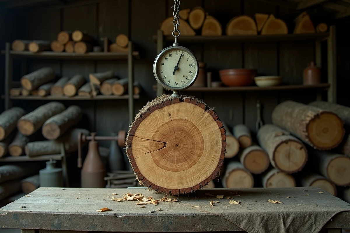 Gros plan d'une bûche de bois sur une balance vintage dans un hangar de stockage illustrant le poids du bois de chauffage