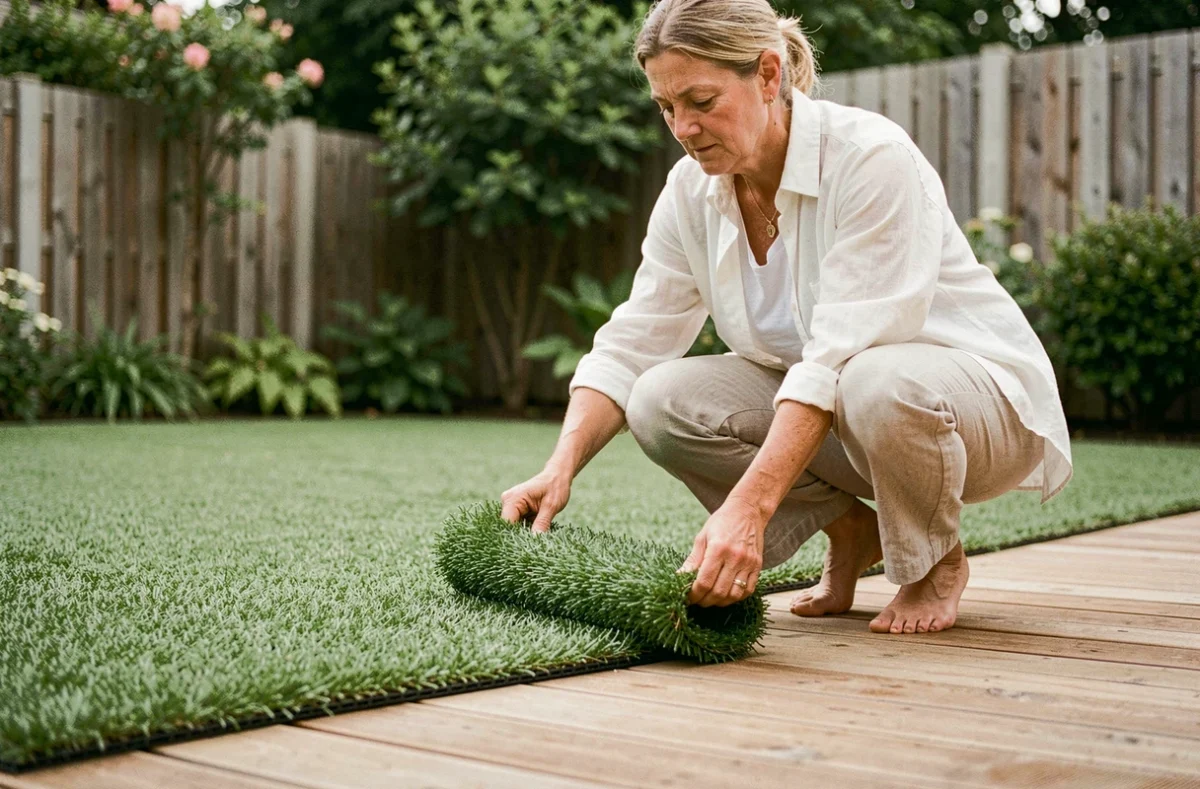 Femme posant de la pelouse synthétique sur une terrasse en bois, illustration d'une pose facile et économique