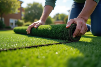 Personne posant du gazon artificiel dans le jardin en plein jour