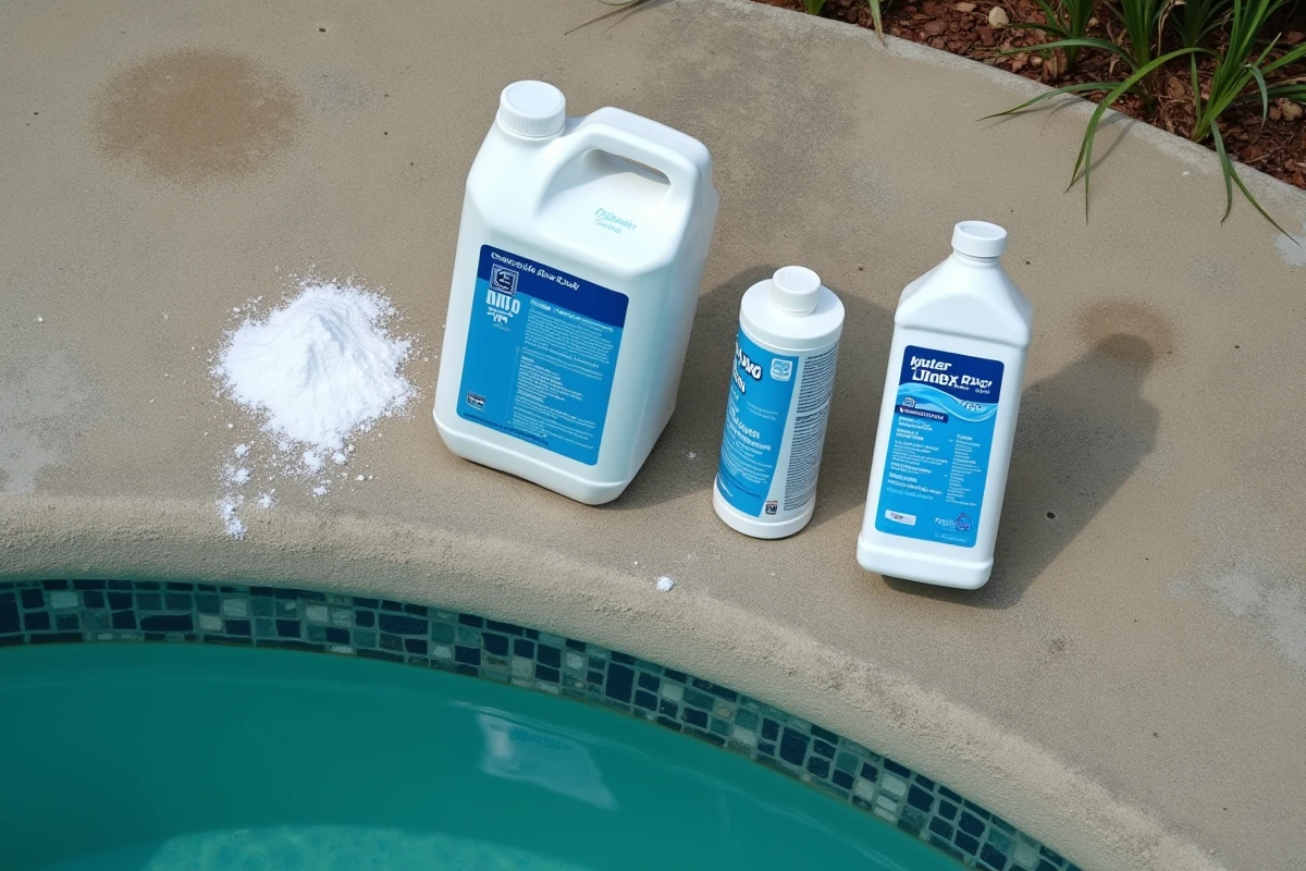 Produits de traitement piscine pour séquence anti-algues verts disposés sur le bord du bassin : chlore choc, algicide et correcteur de pH