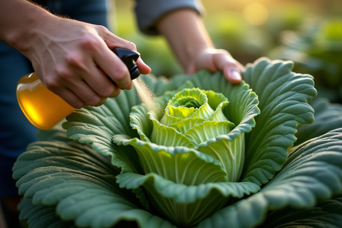 Jardinier vaporise un repelent naturel sur les feuilles de chou au matin