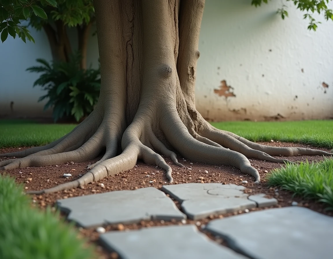Racines envahissantes d'un eucalyptus Cider Gum soulevant une allée en béton près des fondations d'une maison