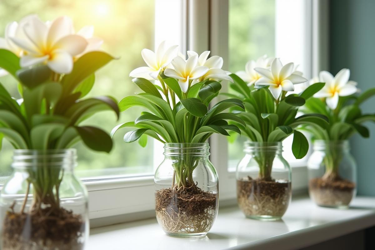 Racines de laurier oleander en formation dans des bocaux d