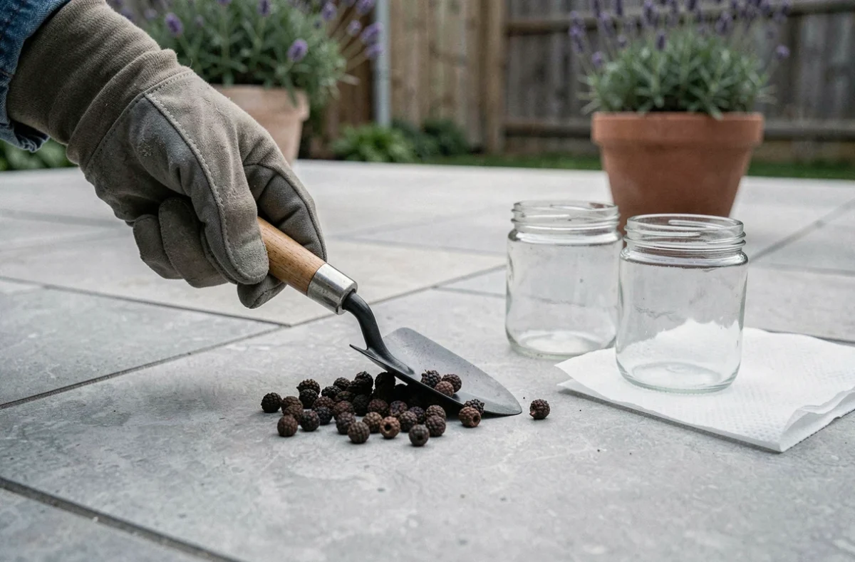 Main gantée avec une truelle ramassant des crottes de hérisson sur une terrasse en pierre grise
