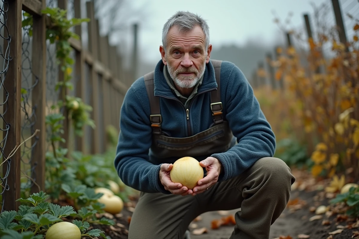 Jardinier récoltant un melon mûr sur un plant en plein air malgré un climat frais d'automne