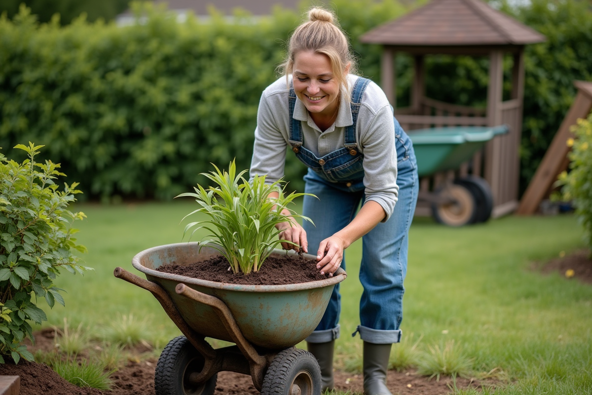 Femme transforme une vieille tondeuse en décoration