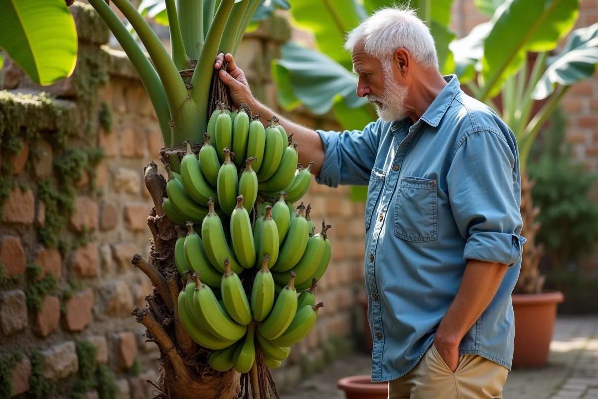 Jardinier expérimenté inspectant un régime de bananes vertes sur un bananier avant la taille hivernale