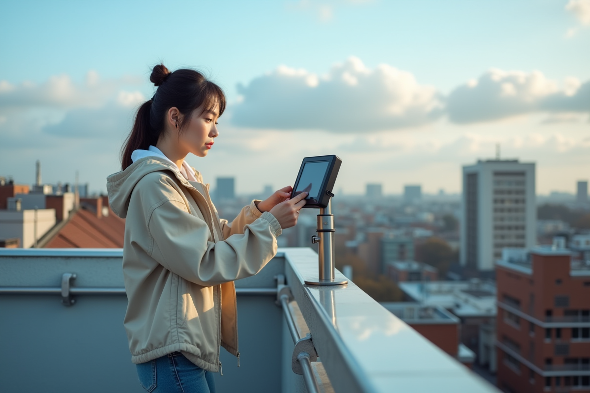 Jeune femme ajuste un capteur météo sur un toit urbain