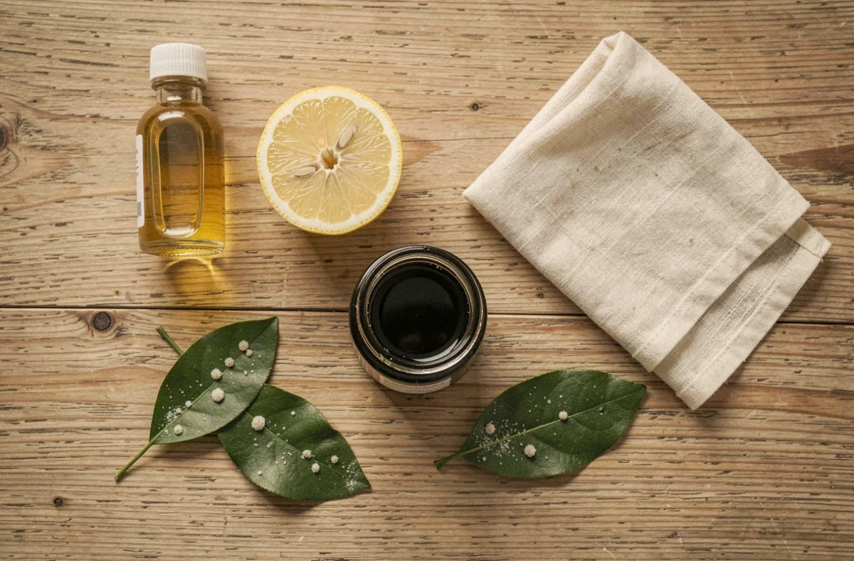 Produits naturels pour traiter la cochenille du citronnier disposés sur une table en bois