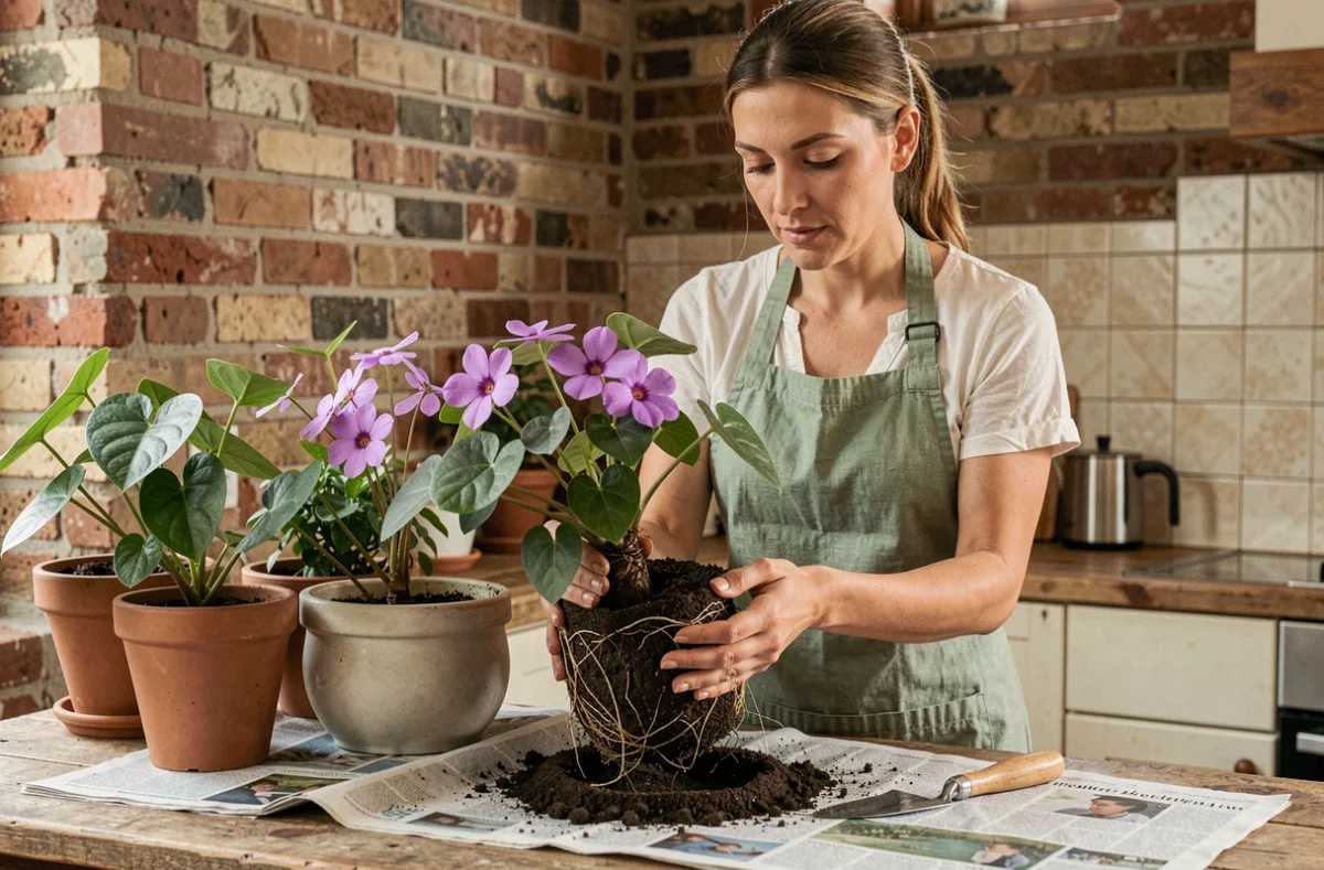 Femme rempotant un oxalis violet sur une table de cuisine rustique avec de la terre et des accessoires de jardinage