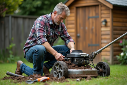 Homme d'âge moyen répare une tondeuse dans le jardin