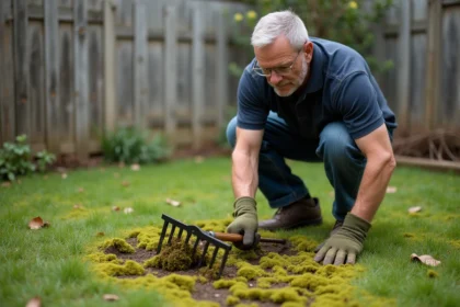 Homme retirant la mousse de sa pelouse avec un râteau dans un jardin de banlieue au printemps