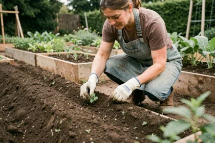 Femme qui sème du persil en pleine terre dans un potager bien entretenu au printemps