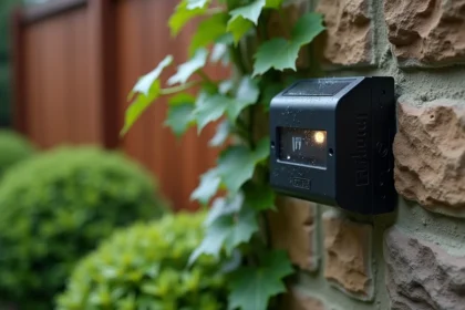 Spot solaire LED étanche fixé sur un mur en pierre avec indice IP visible sur le boîtier noir, gouttes d'eau sur la surface après la pluie